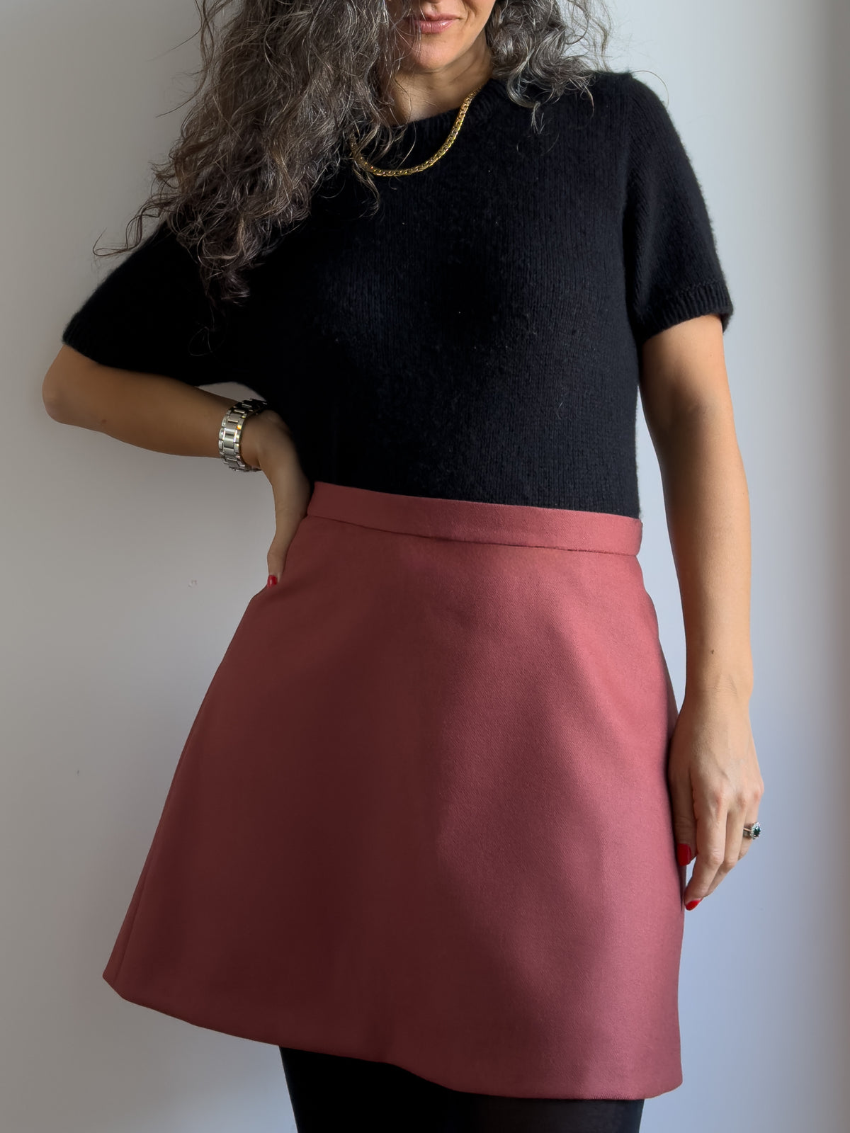 Karlie Skort sewing pattern, close-up of view A in the longer length in rust wool with the straight waistband