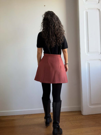 Karlie Skort sewing pattern, view A in the longer length in rust wool, back view