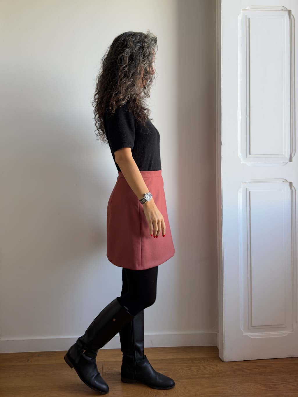 Karlie Skort sewing pattern, view A in the longer length in rust wool, side view