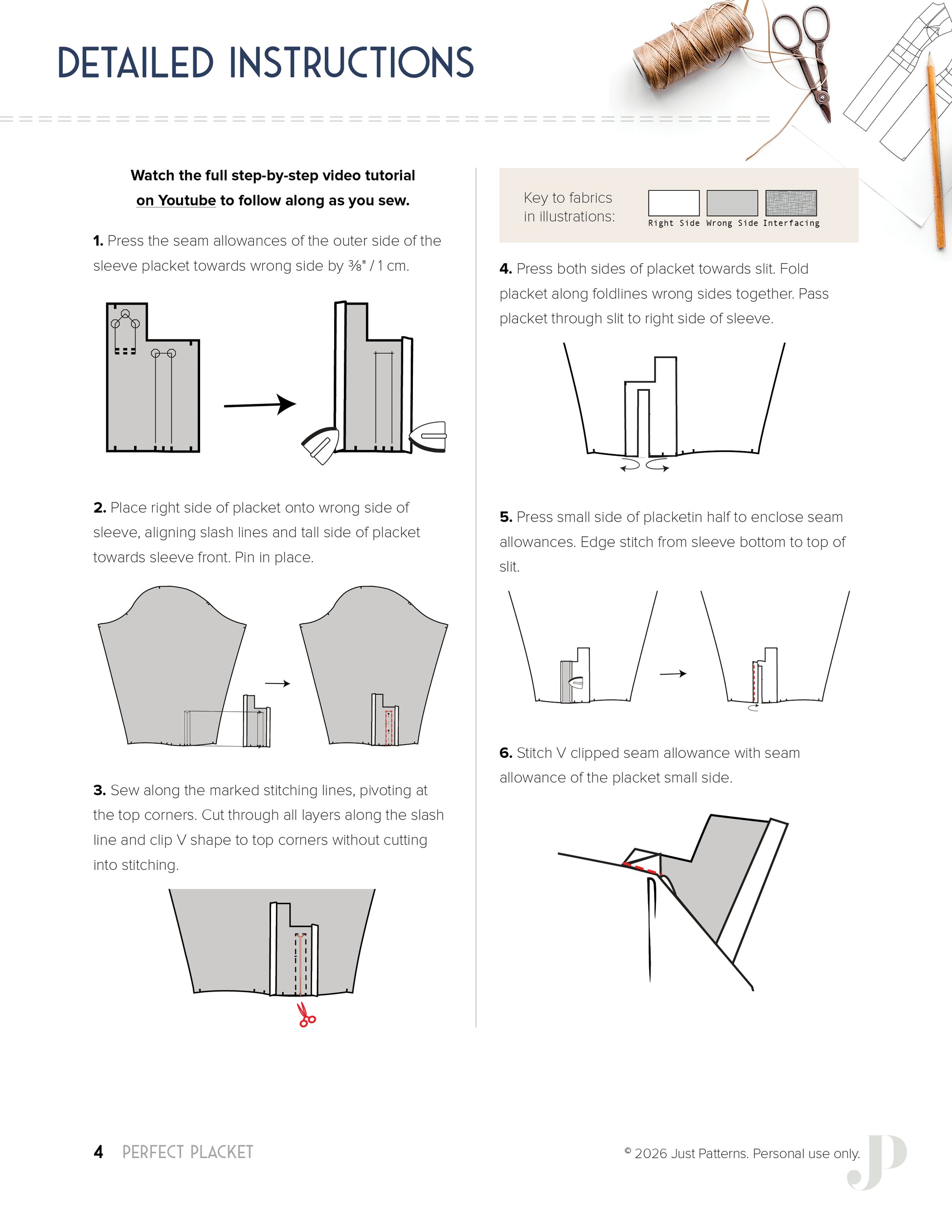 Patron Perfect Placket Pattern – détail étapes de construction de la patte – Just Patterns