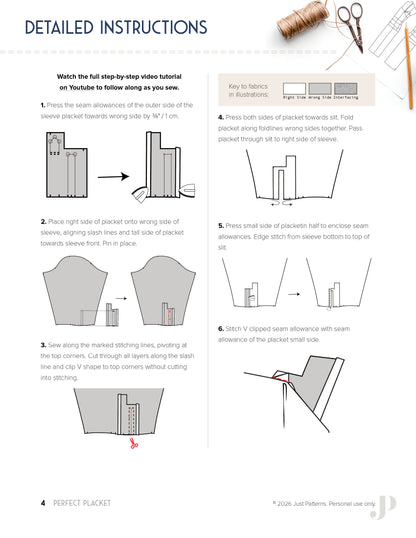 Patron Perfect Placket Pattern – détail étapes de construction de la patte – Just Patterns